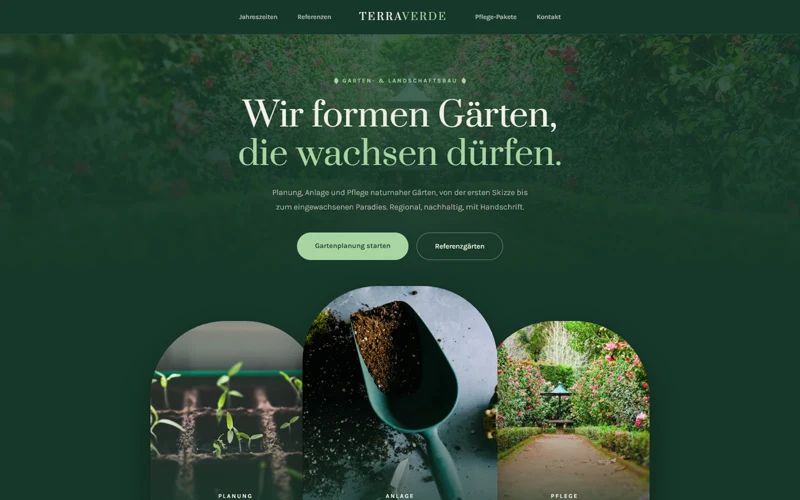 Terraverde Website mit Gartenmotiven und natürlicher Gestaltung